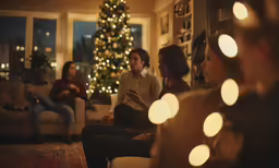 people are sitting around looking at the christmas tree