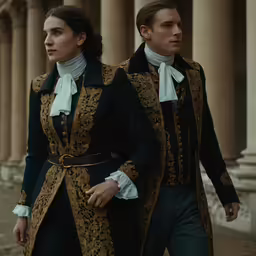 two people walking in front of pillars in historical clothes