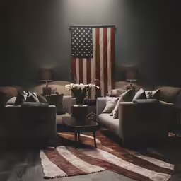 there is a living room with american flag on the wall