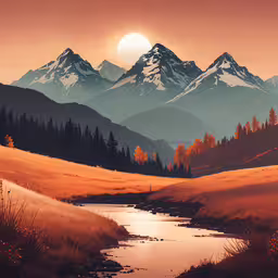 an impressional landscape of a mountain lake and forest,sunset over a mountain range and stream in front of orange grass