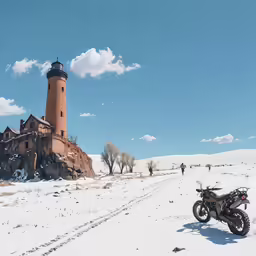 a motorcycle sits in the snow near an old castle