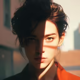a girl standing in the sun with an artistic hair and make - up