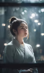 the woman in the kimono looks out over the city