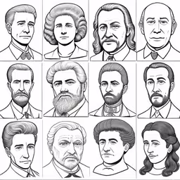 several types of people and their heads, all showing different ages,a bunch of portraits of different people,a group of portraits of people with different hair styles,12 different heads of men in historical hairs,black and white historical illustrations of famous people