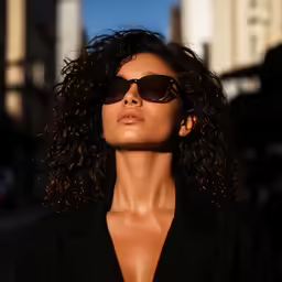 a woman with sunglasses and a coat on the street