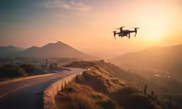 a propeller plane flying over a road at sunset