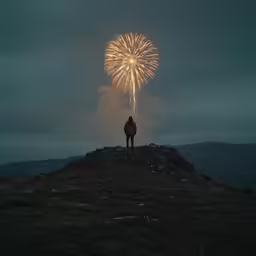 man in jacket standing on top of hill watching fireworks