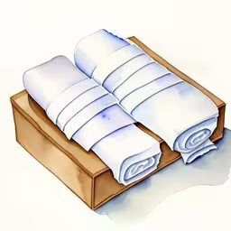 three stacks of folded blankets in a wooden box,three folded toilet paper on top of a wooden box
