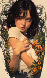 a young girl with flowers on her arms