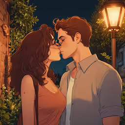 an animated picture of two people kissing at night,a girl kissing a guy with a lamp post in the background