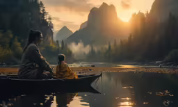 a woman and child sitting in a canoe while the sun sets
