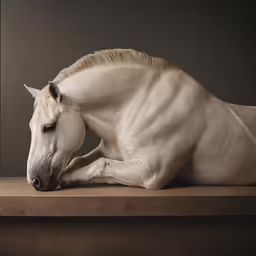 a white horse with black and gray markings lying on a shelf