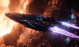 a sci - filther flying over a fire filled mountain