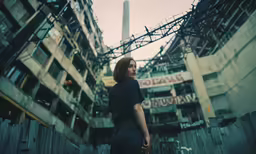 a woman stands alone in front of an unfinished building