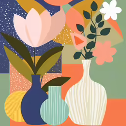 two vases filled with colorful plants are on the table