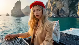 the girl is posing on the boat by the ocean