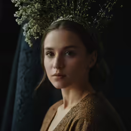 a girl with a floral crown on her head