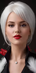 an elegant lady with a red lipstick is wearing white fur