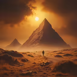 a man in silhouette walking down a trail at sunrise