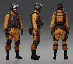 three people wearing helmets and backpacks standing,three military uniforms, wearing all different gear