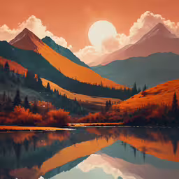 there are many mountains near the water with trees around it,mountains and trees reflected in the water