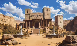 there are people standing outside a very old looking building