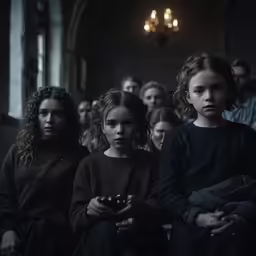 a group of people sitting in a line in an old room