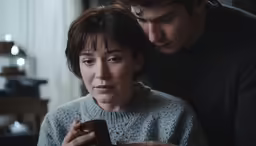 a man holding a phone next to a woman looking at it