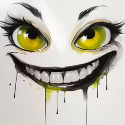 a painting with the face of a smiling yellow eyed evil