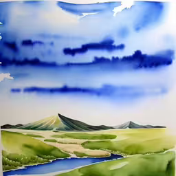 a painting of water and clouds in the background,watercolor painting of a valley and clouds
