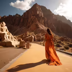 a woman walks down a path in the desert