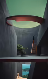 a room with stairs up to the roof and a staircase to the top