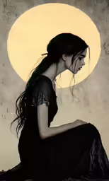 the girl is sitting against the moon and staring straight at her
