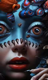 woman with different colored eyes with butterflies on her head