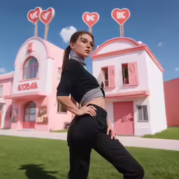 a model standing in front of an artistically painted building