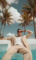 man relaxing on water with palm trees in background