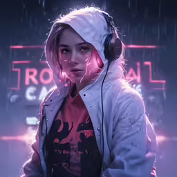 woman with headphones on is wearing a sweatshirt and hoodie
