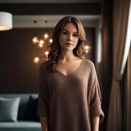 a woman is posing with lights strung around her in the corner
