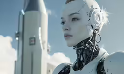 a female robot and a large, white rocket