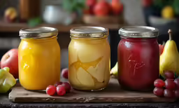 a group of three jars sitting on top of a wooden table