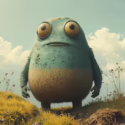 an animal stands in the grass with big eyes