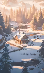 a snowy country scene with an old fashioned house and trees