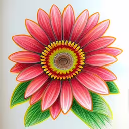 a picture of a drawing of a colorful flower,an artistic painted flower that is on a white background,a flower with green leaves and a big center,a pink flower is drawn on white paper,a flower drawing is shown in white background