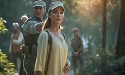 a woman in white shirt and soldier standing next to a forest