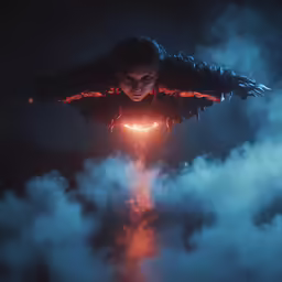 woman with wings glowing and surrounded by clouds