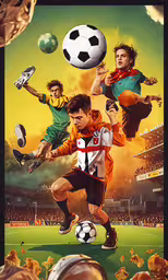 a poster showing two soccer players during a match,an image of a soccer game in progress