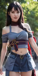 a young woman wearing short shorts, with no shirt, is walking down a street