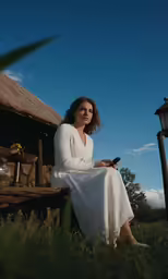 the woman is sitting outside by the lamppost