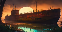 the sun setting over an abandoned ship in the water,large rusted ship out in the sea on an orange sunset