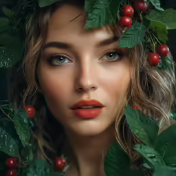 a girl with a wreath of holly leaves over her head